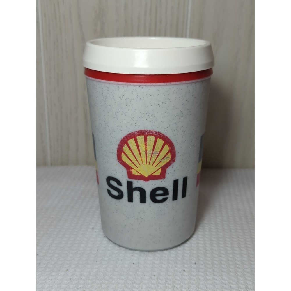 Aladdin vintage insulated Shell gas station travel mug gray red yellow w/ lid